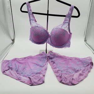Ambrielle 40C Lace Underwire Lavender Bra with 2 Matching High Cut XL Panties
